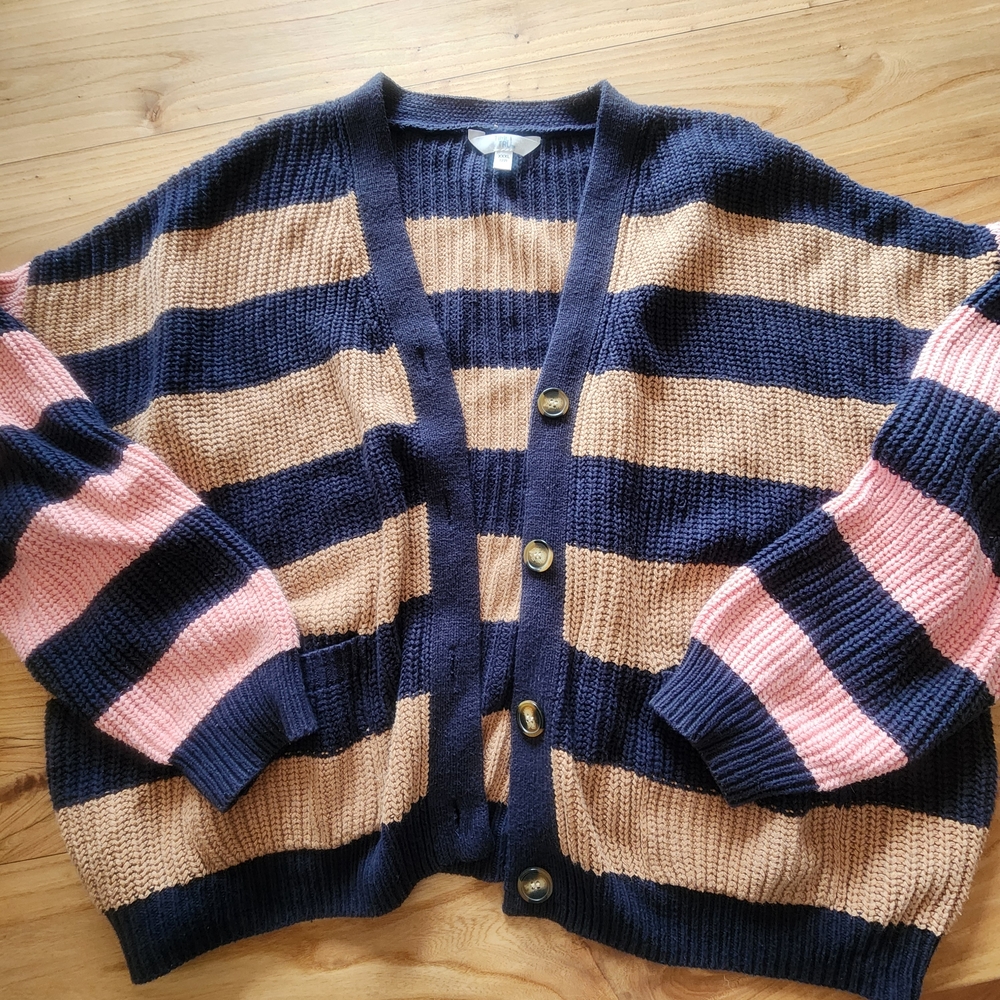 Time and Tru Navy, Tan & Pink Striped Button-Front Cardigan